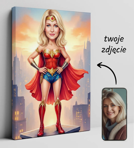 Karykatura Superbohaterki - Wonder Woman w czerwono-złotej zbroi