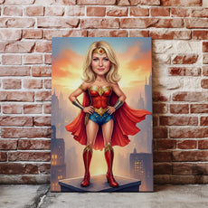 Żywy, karykaturalny nadruk na płótnie z Wonder Woman w ikonicznym kostiumie