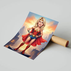 Karykatura Superbohaterki Wonder Woman w czerwono-złotym kostiumie na tle miasta