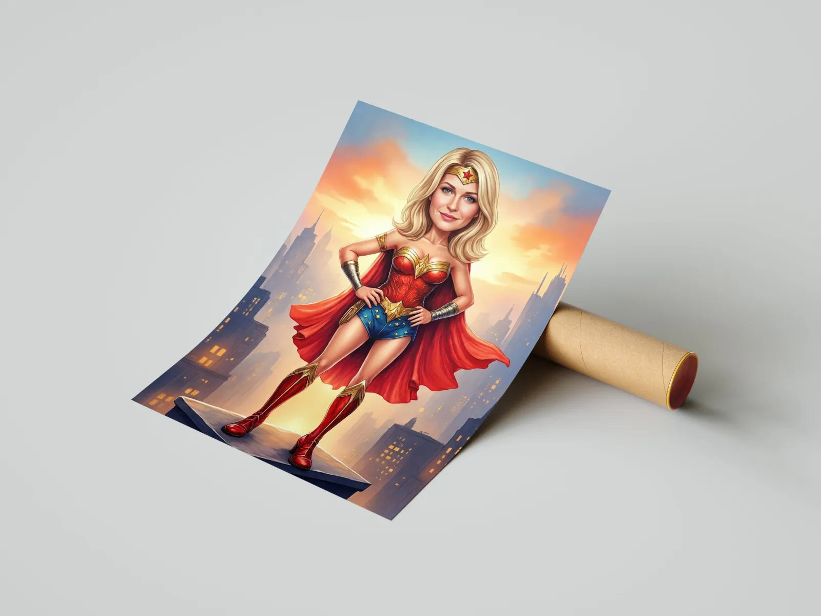 Karykatura Superbohaterki Wonder Woman w czerwono-złotym kostiumie na tle miasta