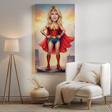Żywa karykatura Wonder Woman w ikonicznym kostiumie czerwono-złoto-niebieskim z peleryną