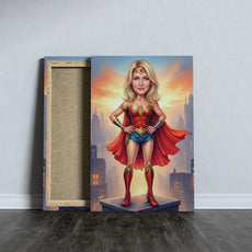 Karykatura Wonder Woman w czerwono-niebieskim kostiumie na tle miasta