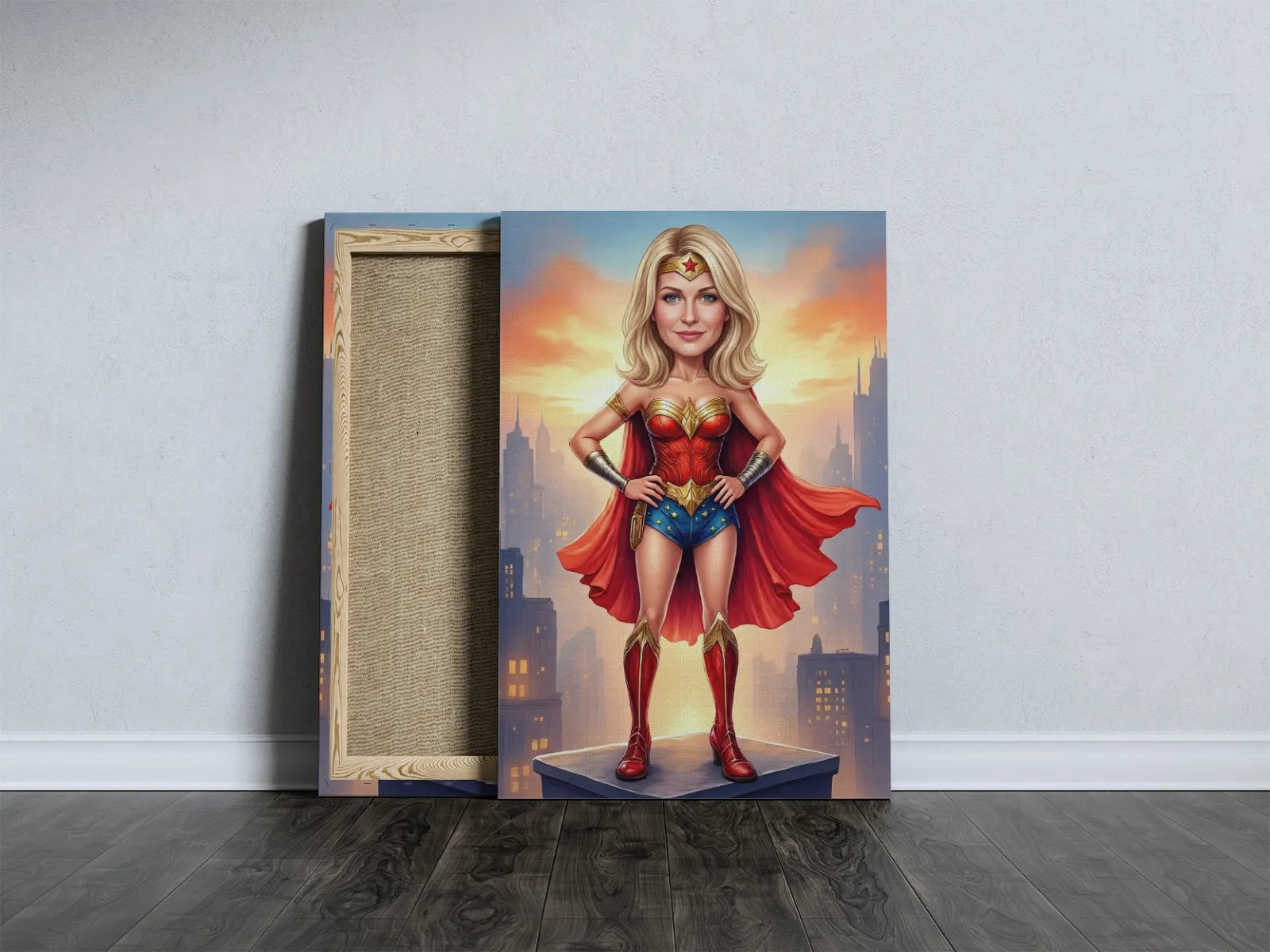 Karykatura Wonder Woman w czerwono-niebieskim kostiumie na tle miasta