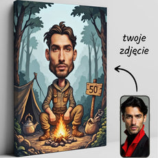 Caricature na płótnie przedstawiająca survivalowca idealny prezent na 50 urodziny fana bushcraftu