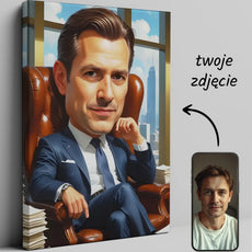 Karikatura szefa na płótnie, unikalny portret dla miłośników sztuki