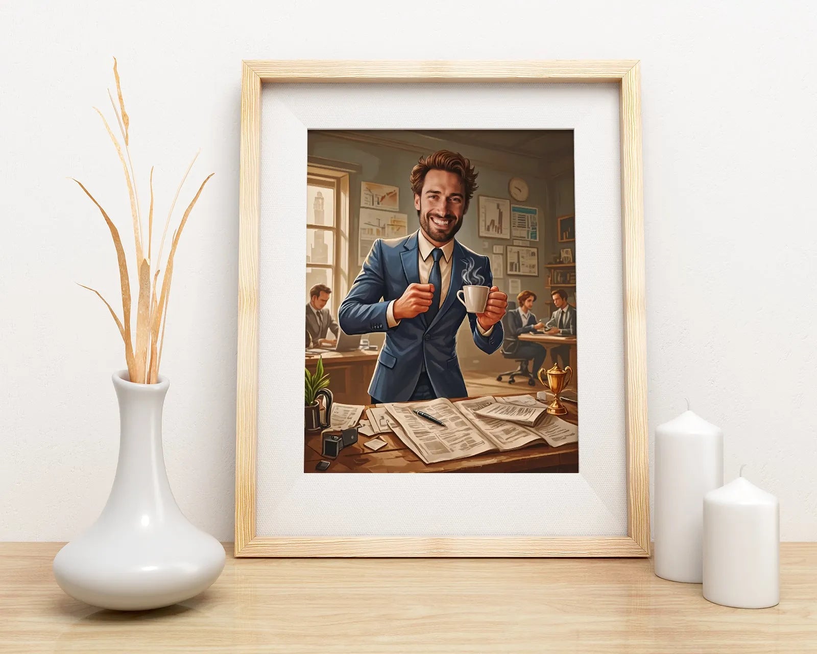 Framed office scene art from Karykatura Szefa oryginalny prezent dla szefa