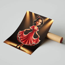 Błyszczący plakat tancerki flamenco w czerwonej sukni, częściowo rozwinięty z tuby