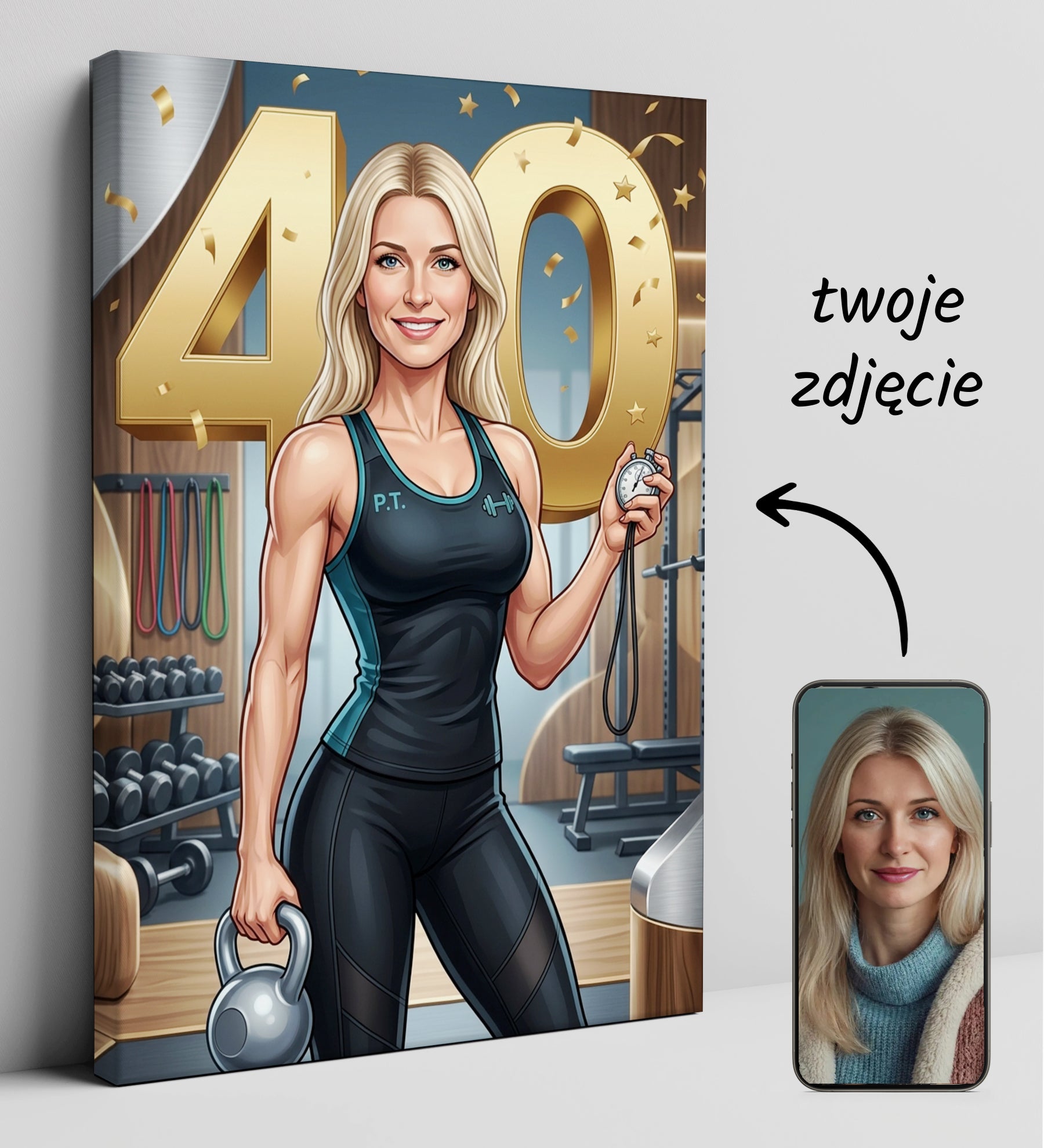 Karykatura trenerki personalnej na 40 urodziny - personalizowany glowne