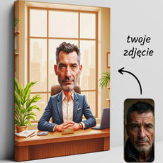 Caricature portret na płótnie dla szefa w biurze z napisem konferencja