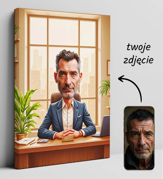 Caricature portret na płótnie dla szefa w biurze z napisem konferencja