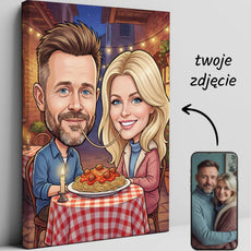 Karykatura zakochanej pary jedzącej spaghetti przy kolacji na zewnątrz