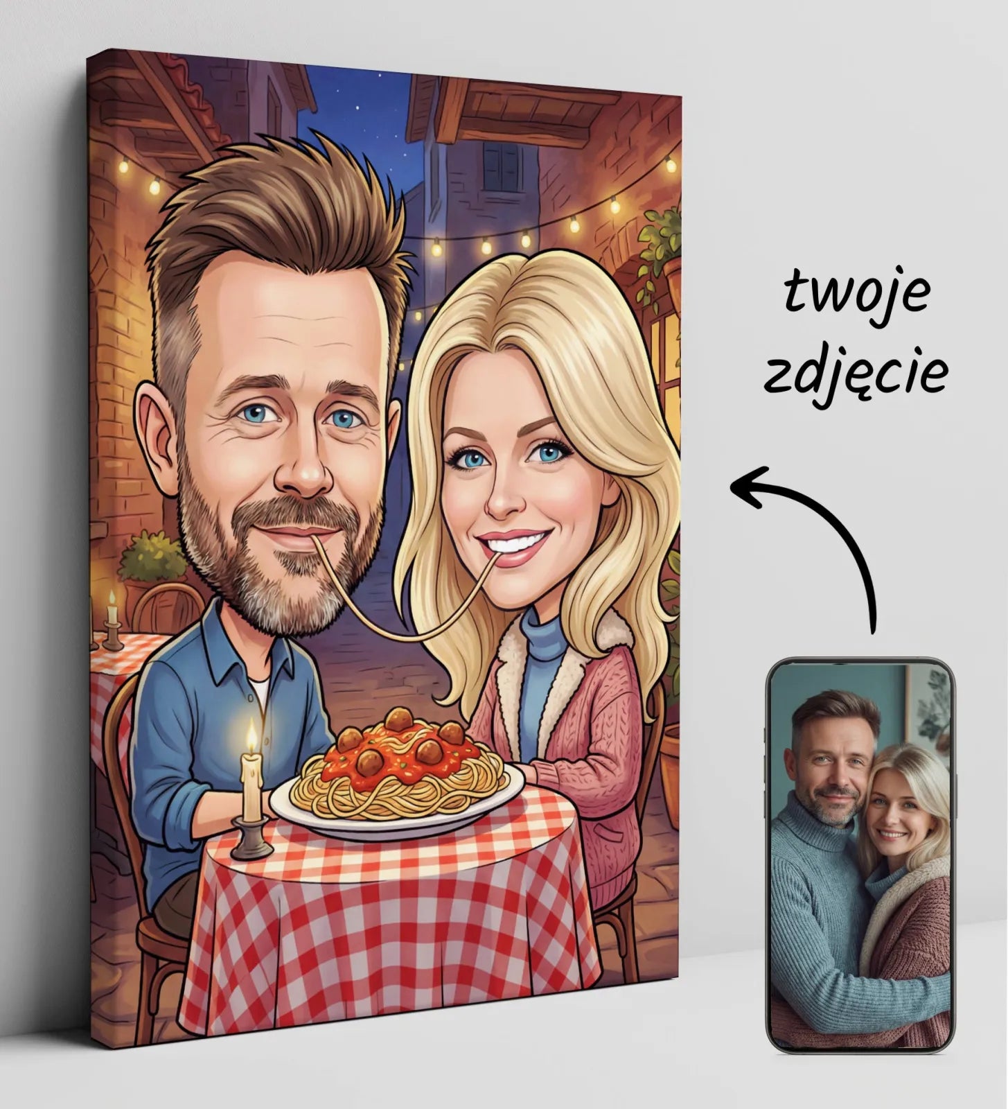 Karykatura zakochanej pary jedzącej spaghetti przy kolacji na zewnątrz