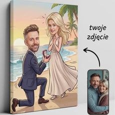 Karykatura zakochanej pary na plaży z palmami i zachodem słońca – pomysłowy prezent na rocznicę i walentynki