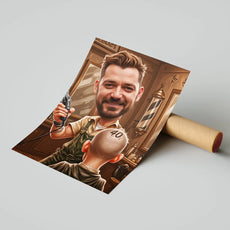 Barber caricature print as a unique gift for barbers displayed in Karykatura ze zdjęcia