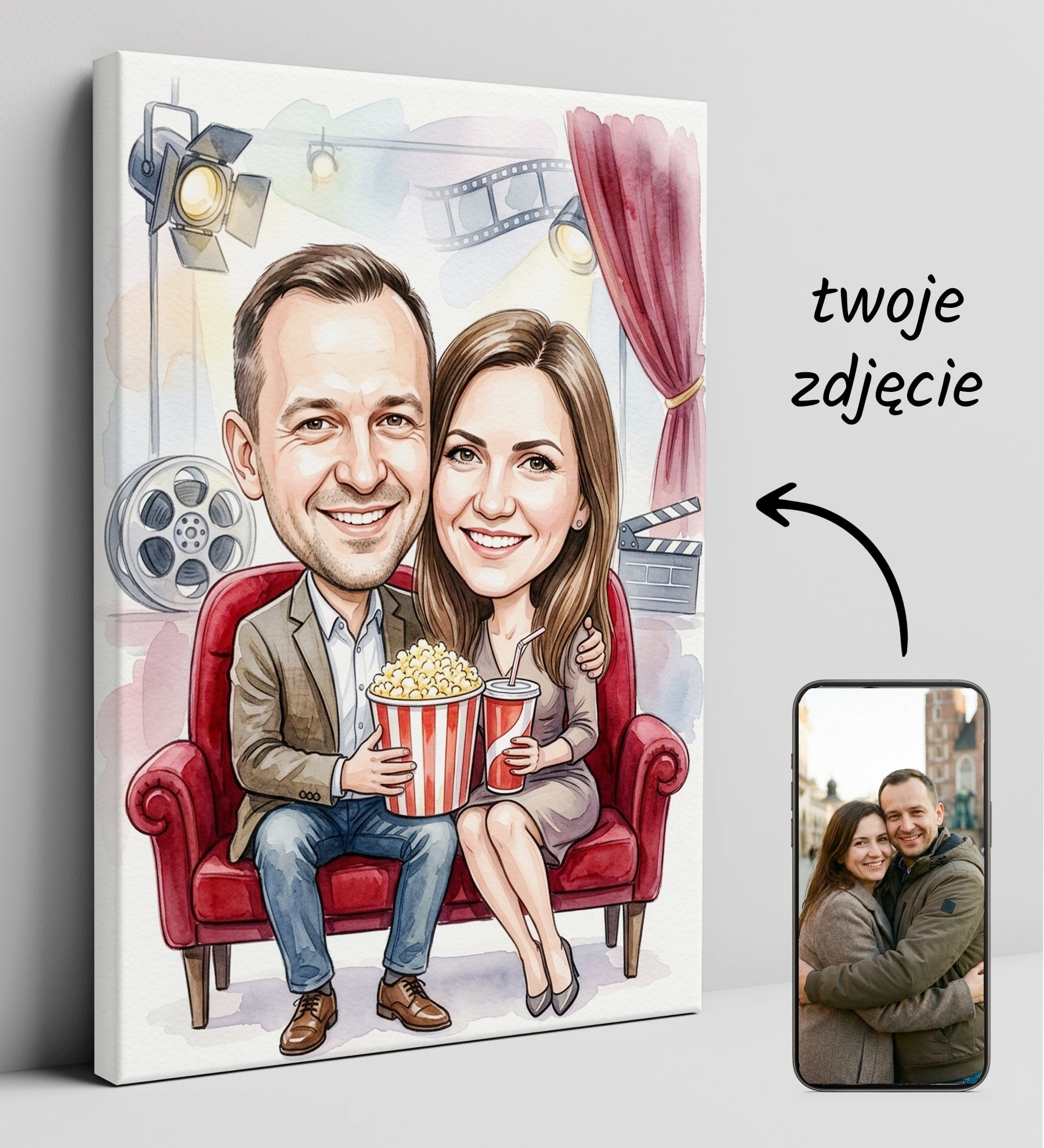 Karykatura personalizowana ze zdjęcia dla pary w kinie glowne