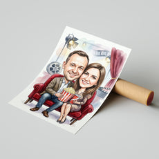 Karykatura personalizowana ze zdjęcia dla pary w kinie mockup 4