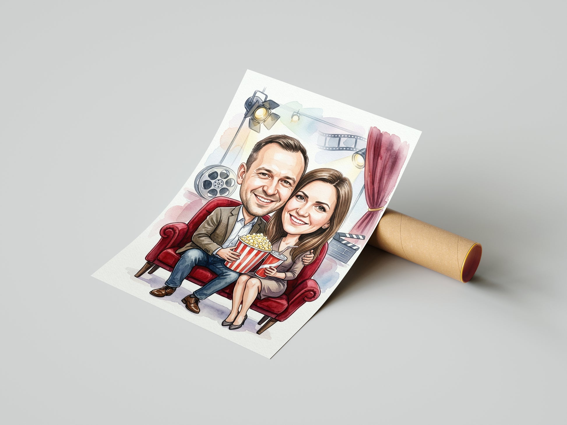 Karykatura personalizowana ze zdjęcia dla pary w kinie mockup 4
