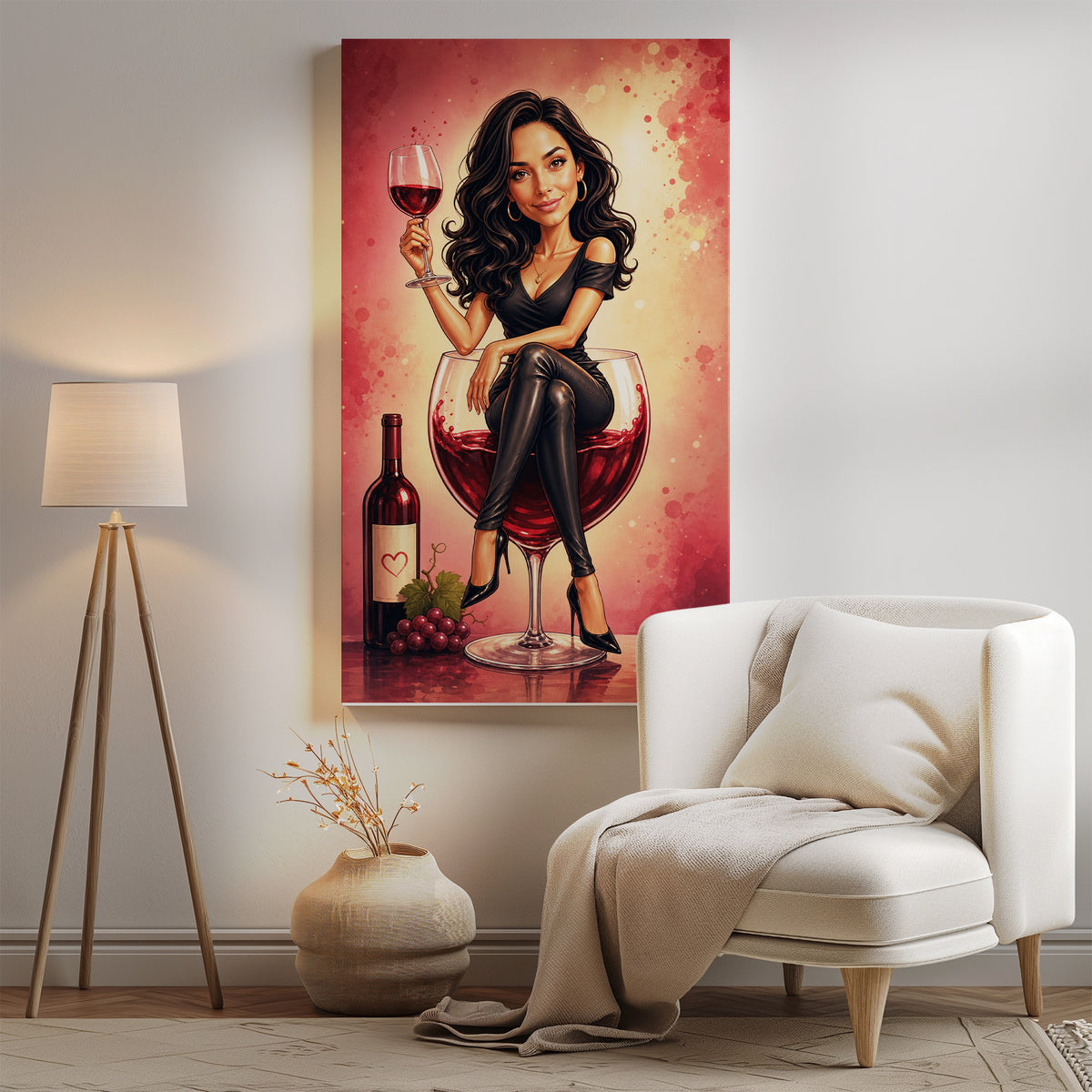Karykatura ze zdjęcia kobiety z winem – prezent premium mockup 2