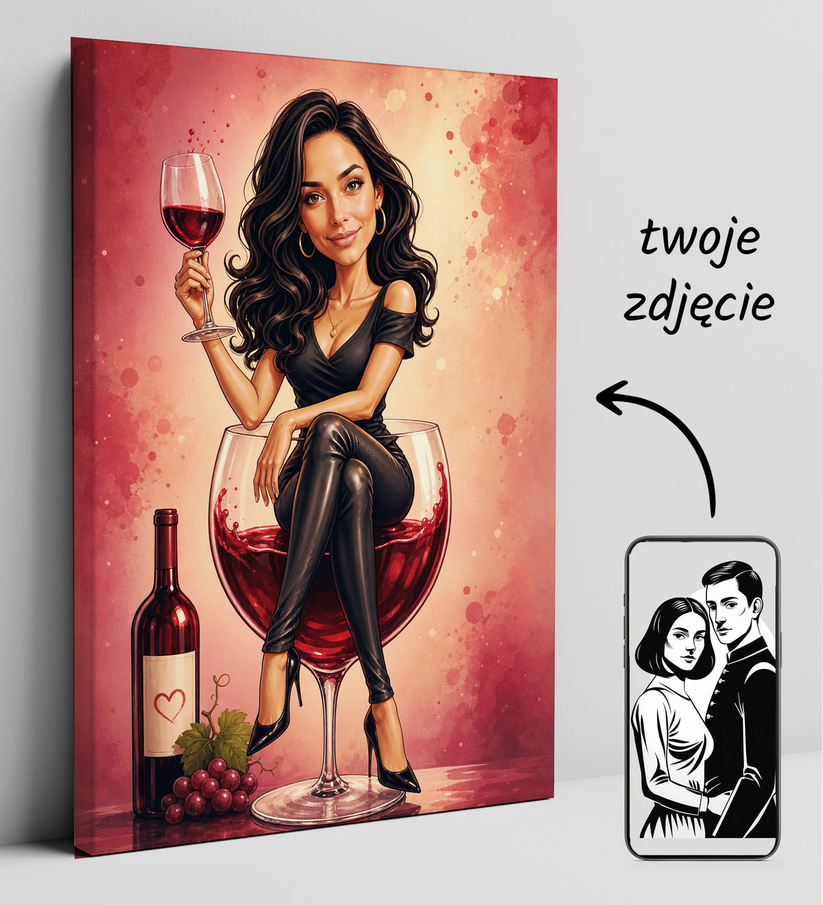 Karykatura ze zdjęcia kobiety z winem – prezent premium glowne