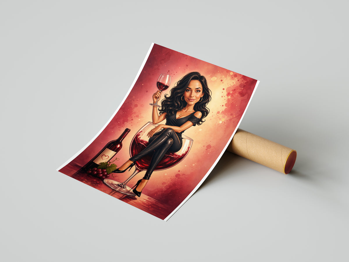 Karykatura ze zdjęcia kobiety z winem – prezent premium mockup 4