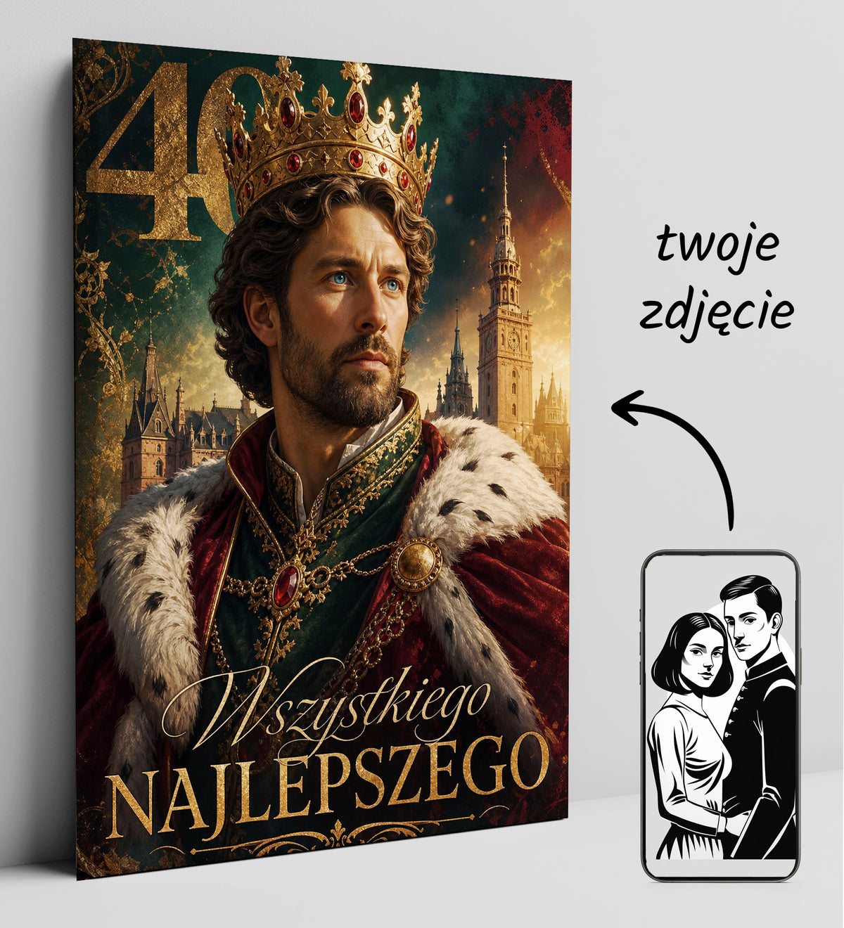 Karykatura ze zdjęcia na 40 urodziny – królewski portret mockup 1