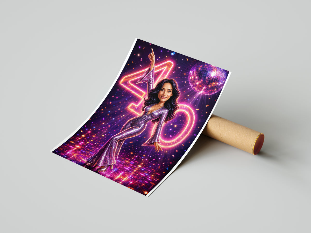 Karykatura ze zdjęcia na 40 urodziny – styl disco mockup 4