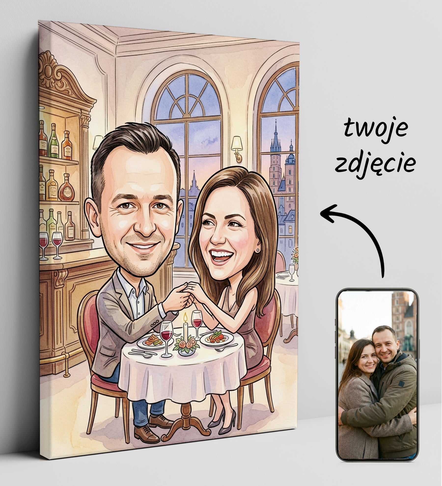 Karykatura personalizowana ze zdjęcia – romantyczna kolacja we dwoje glowne