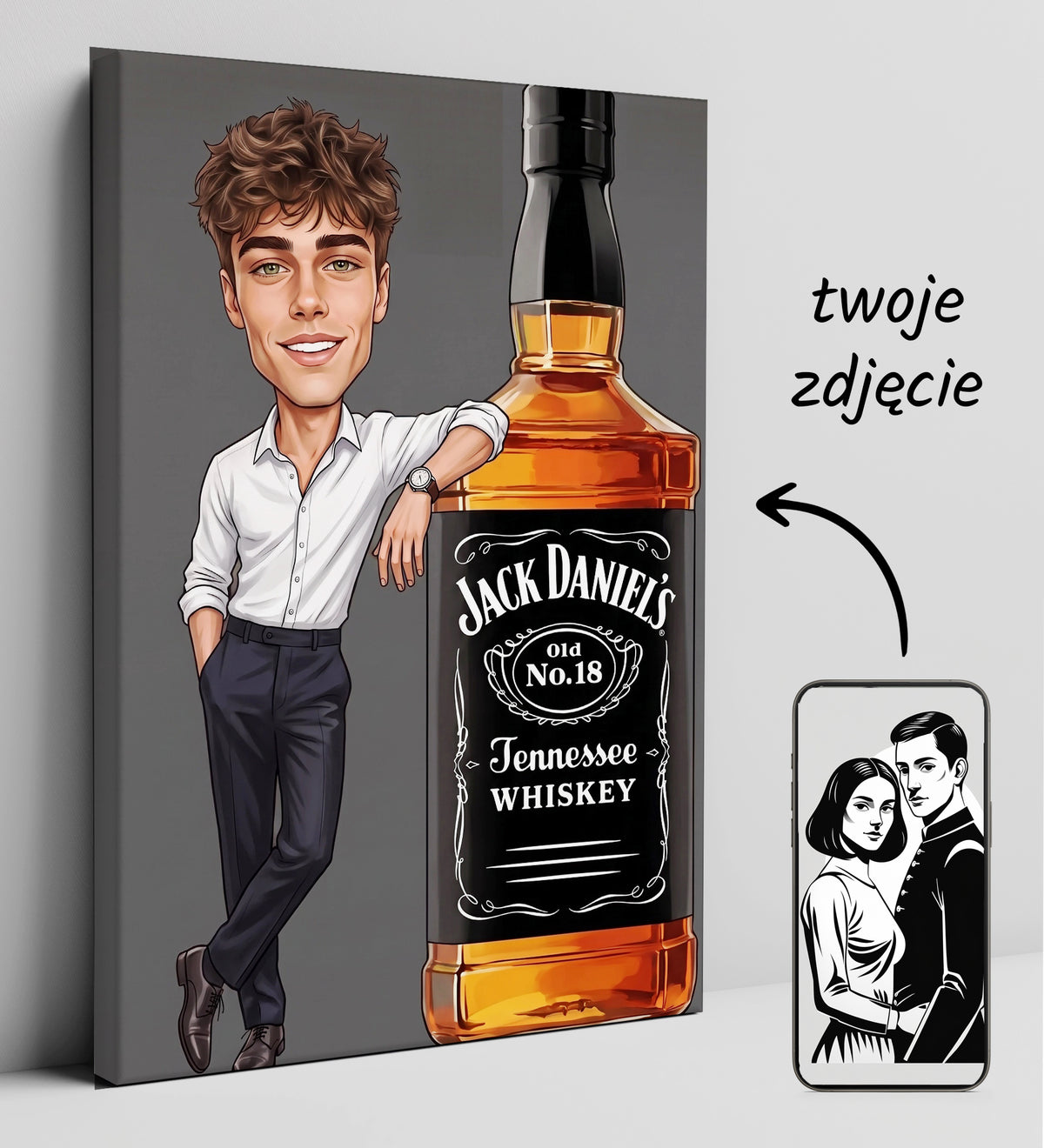 Karykatura ze zdjęcia z butelką whiskey – prezent glowne