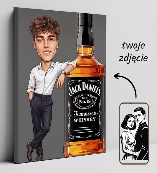 Karykatura ze zdjęcia z butelką whiskey – prezent glowne
