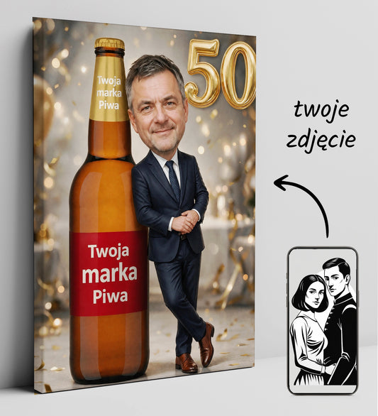 Karykatura ze zdjęcia z piwem – prezent na 50 urodziny glowne