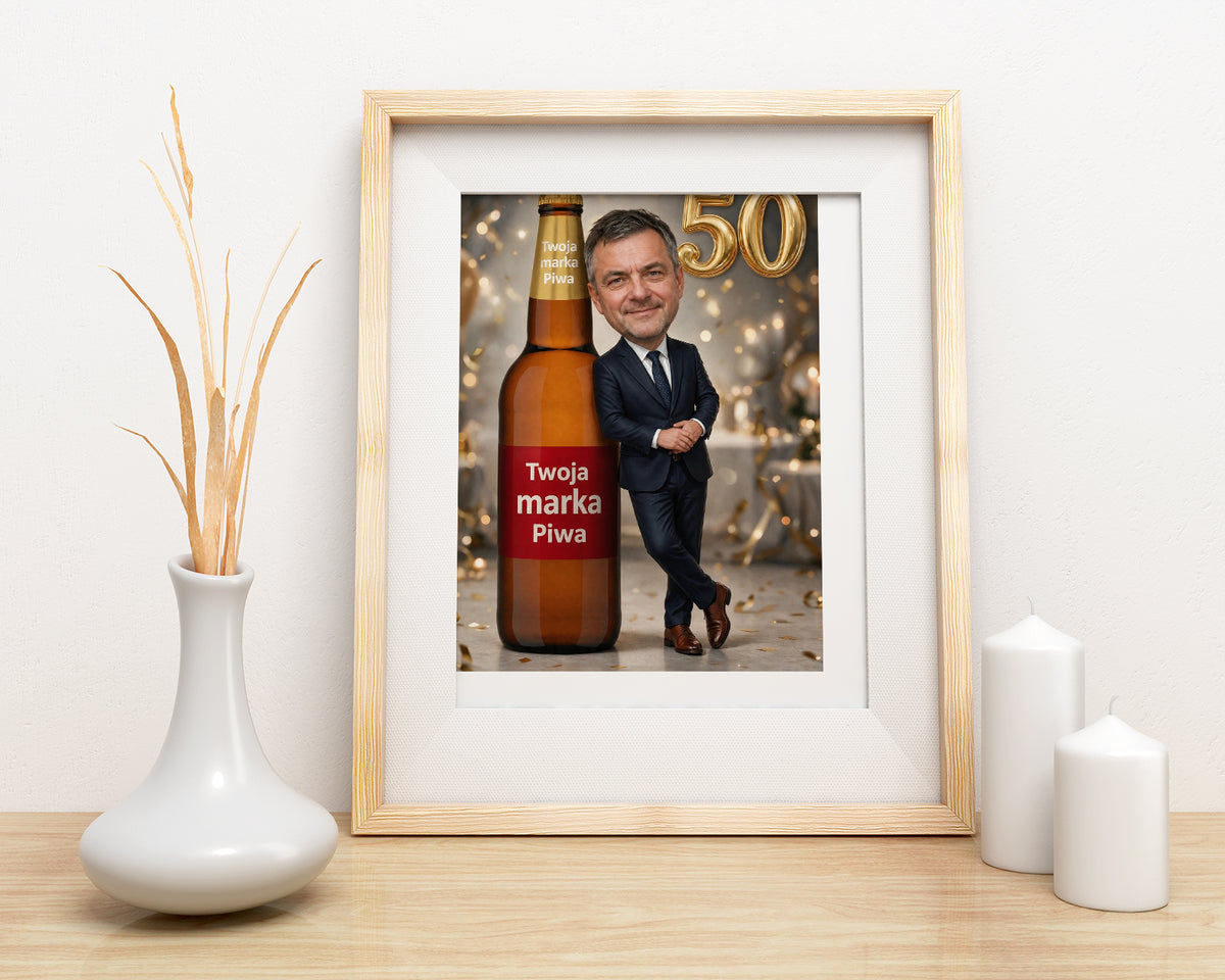 Karykatura ze zdjęcia z piwem – prezent na 50 urodziny mockup 2