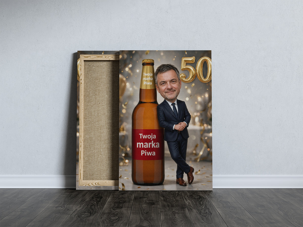 Karykatura ze zdjęcia z piwem – prezent na 50 urodziny mockup 3