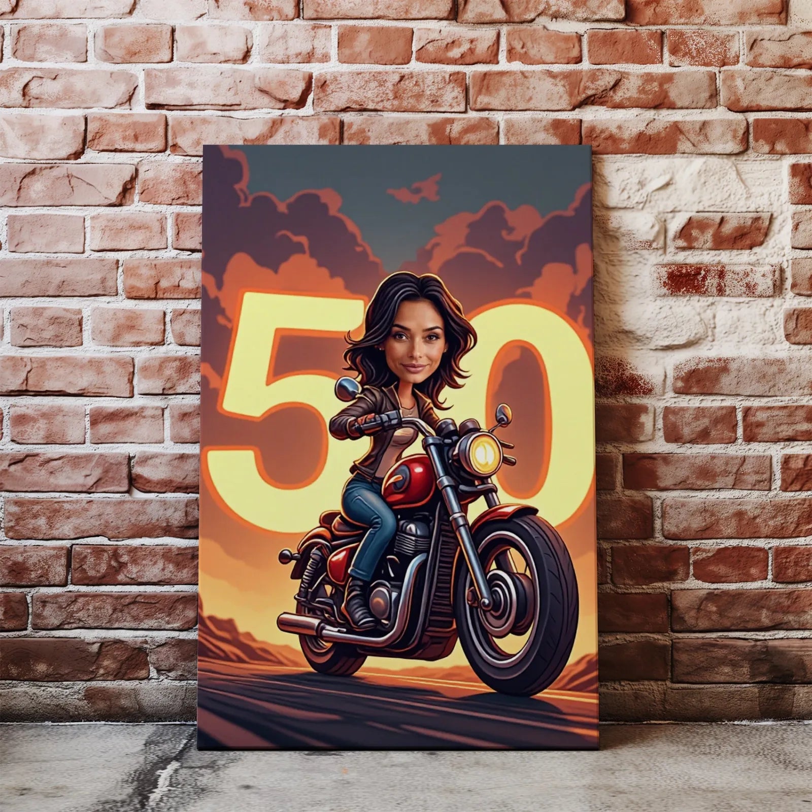 Kolorowa kartka z kobietą na czerwonym motocyklu i dużym 50 w tle