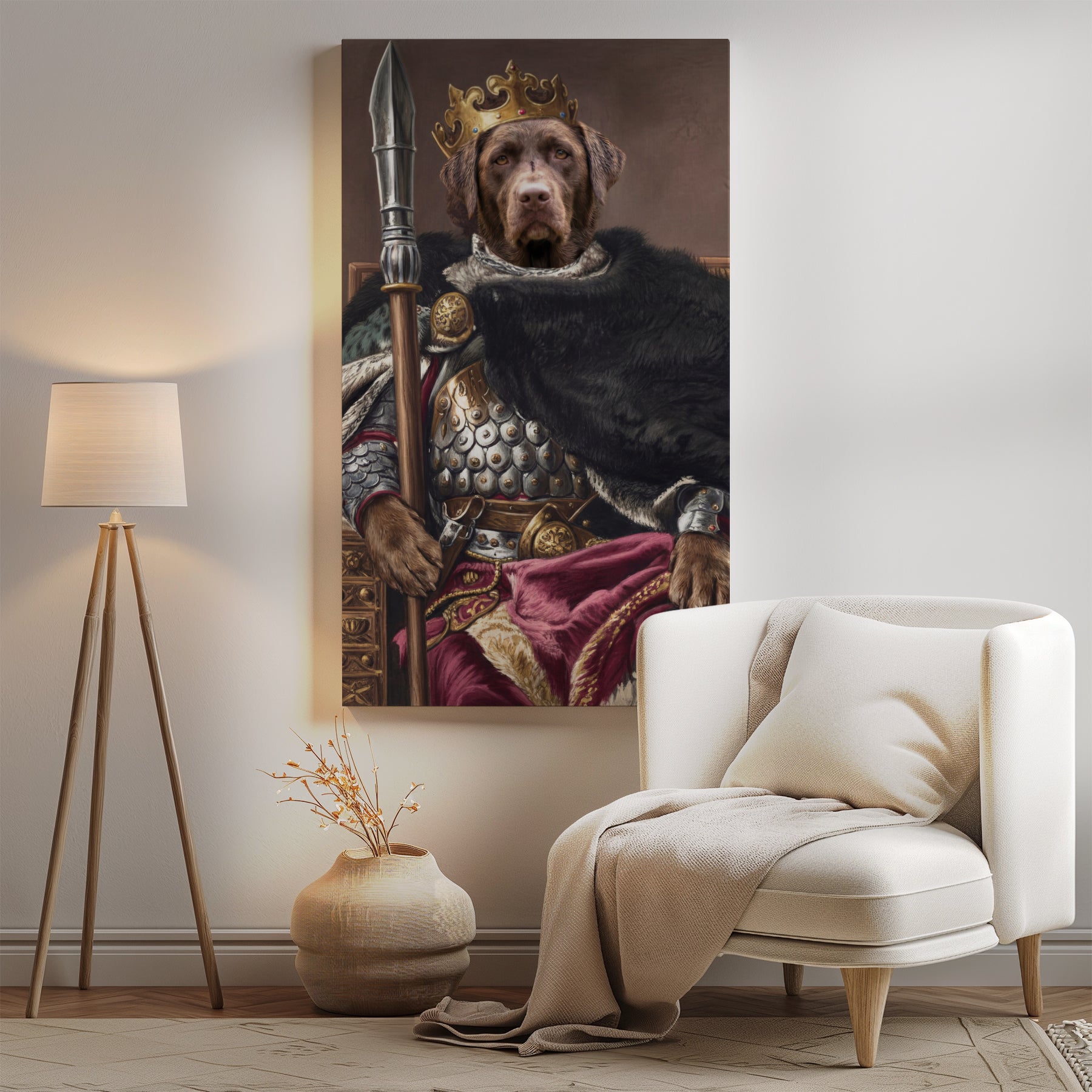 Królewski portret psa na tronie z koroną i włócznią mockup 0
