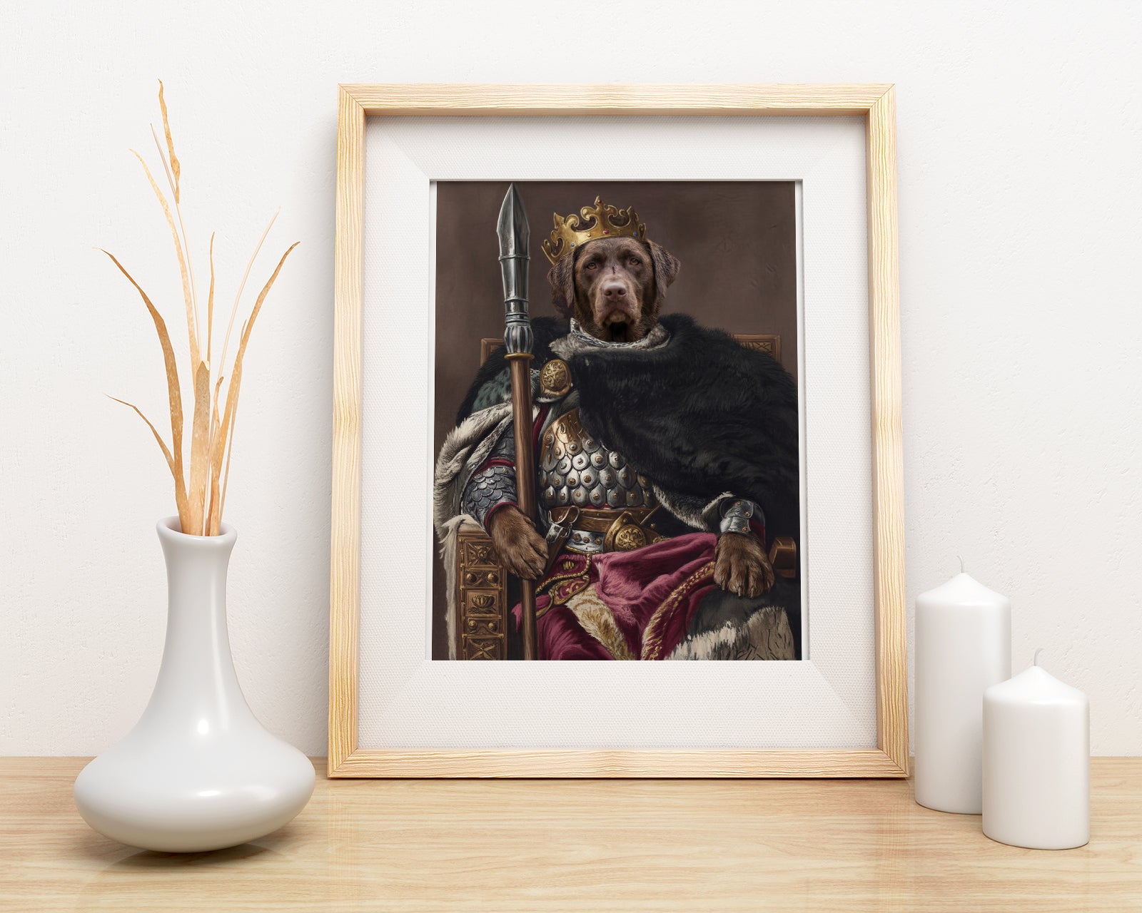 Królewski portret psa na tronie z koroną i włócznią mockup 1