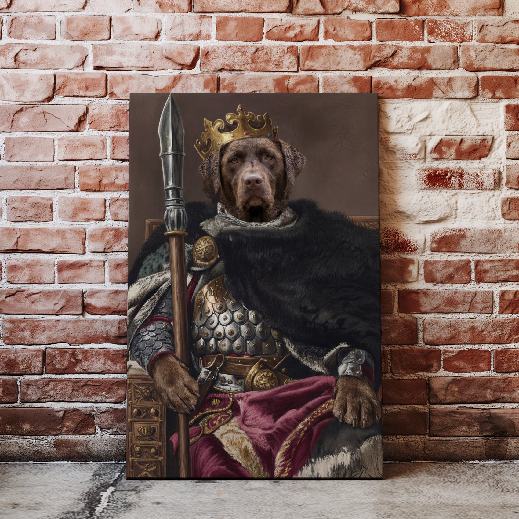 Królewski portret psa na tronie z koroną i włócznią mockup 2
