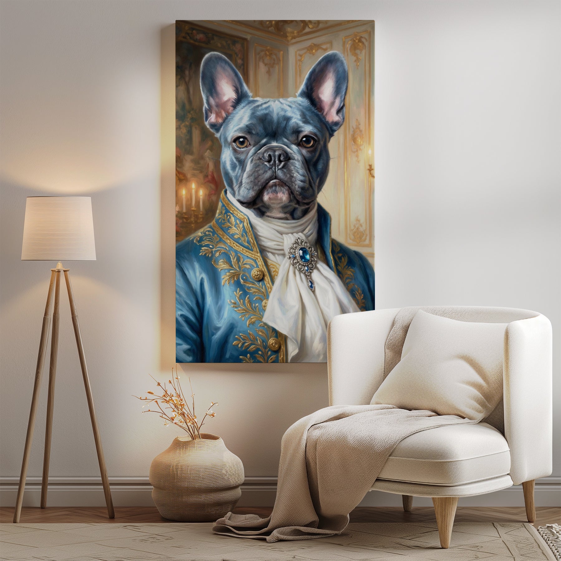Królewski portret psa w błękitnym stroju szlacheckim mockup 0