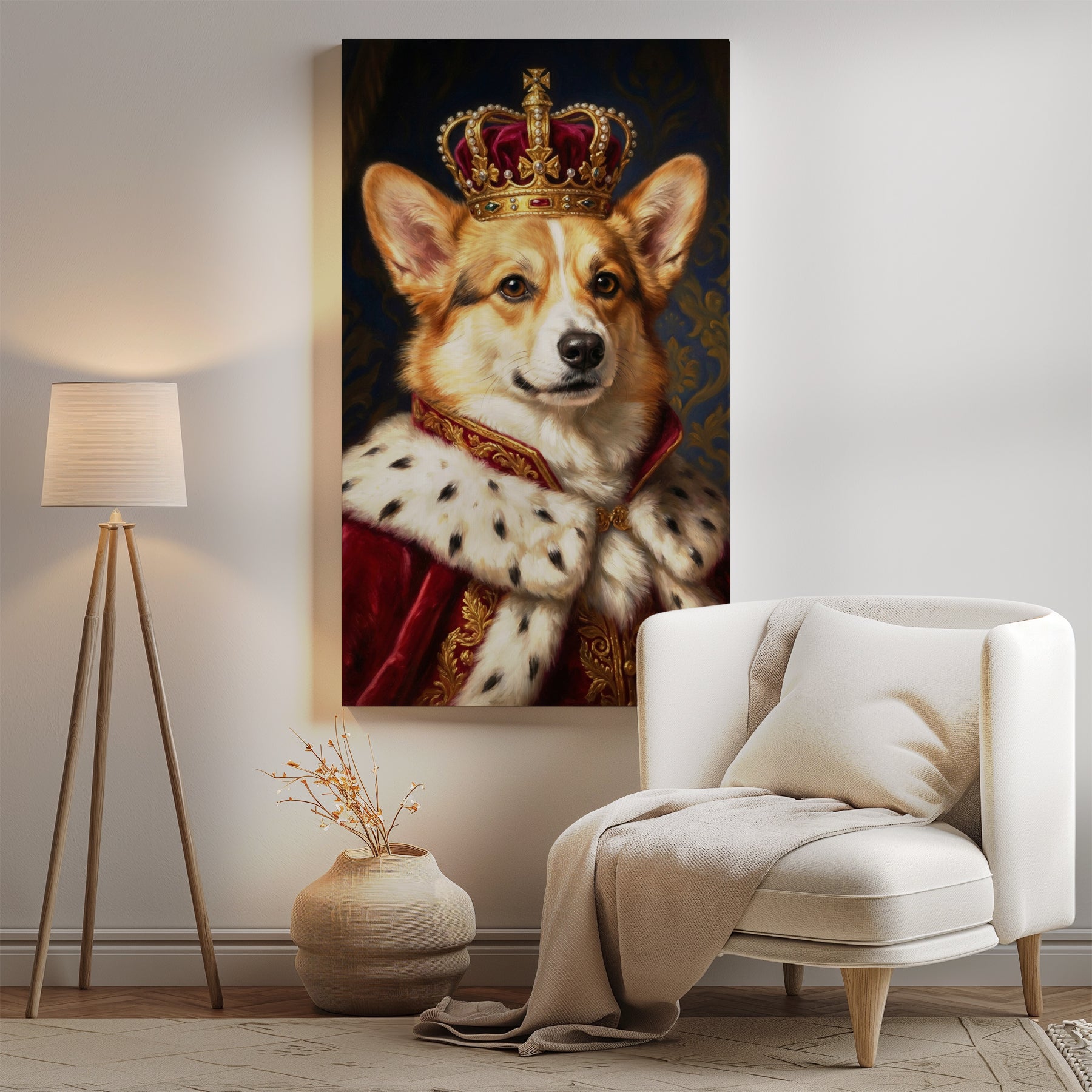 Królewski portret psa w koronie – Corgi Król mockup 0