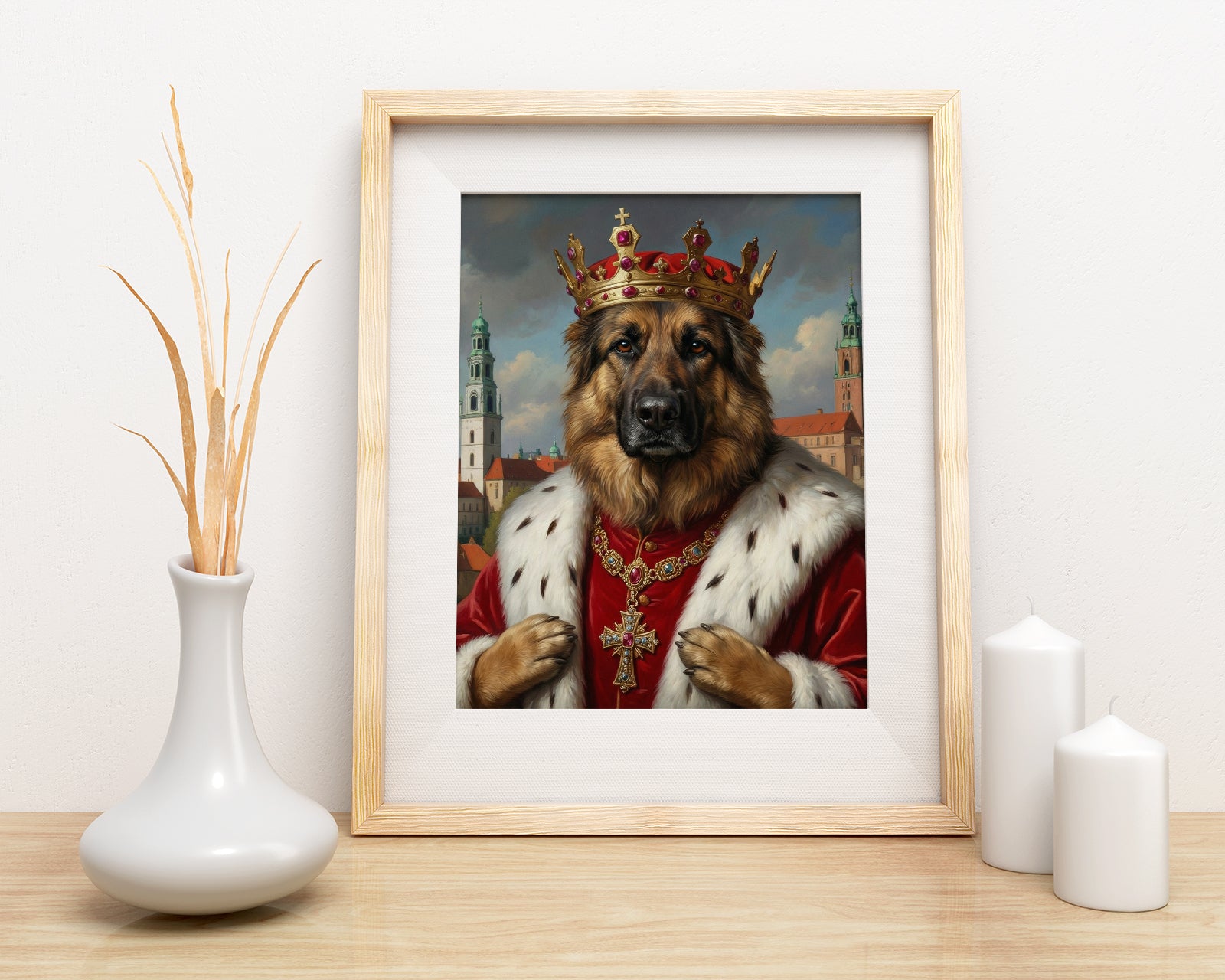 Królewski portret psa w koronie mockup 1