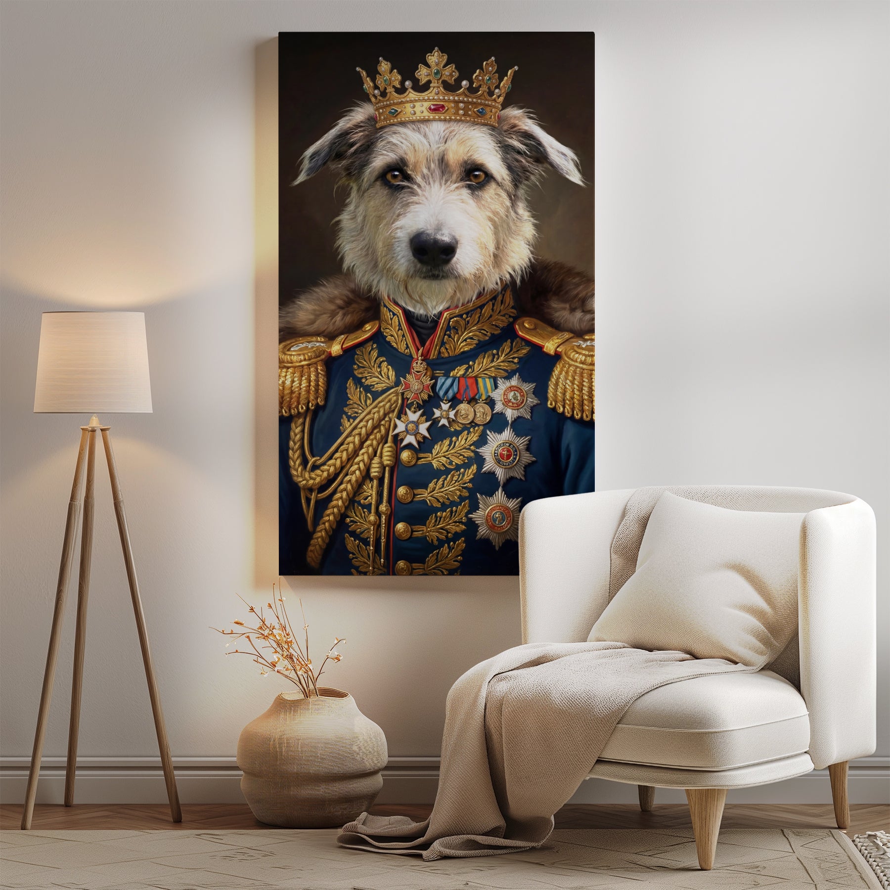 Królewski portret psa w mundurze generała z koroną mockup 0