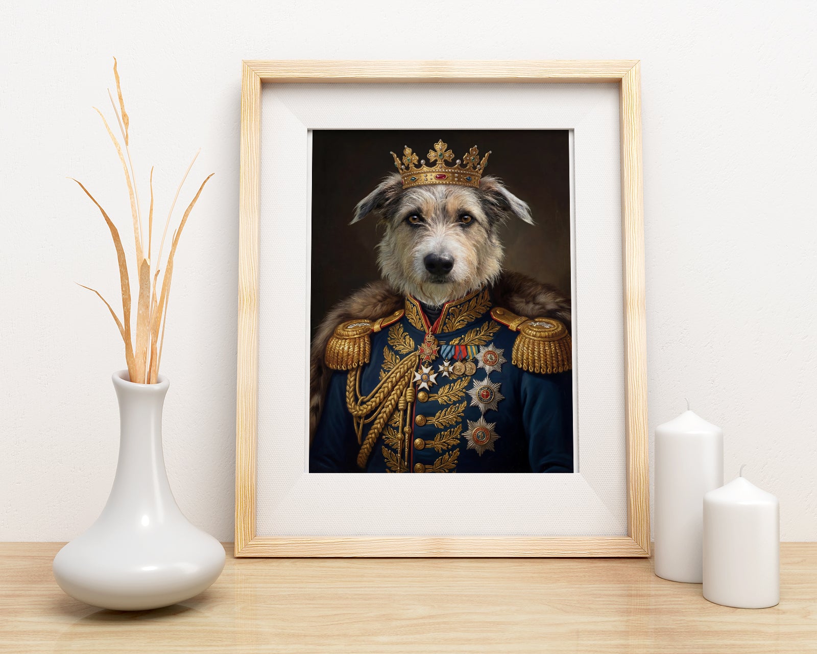 Królewski portret psa w mundurze generała z koroną mockup 1