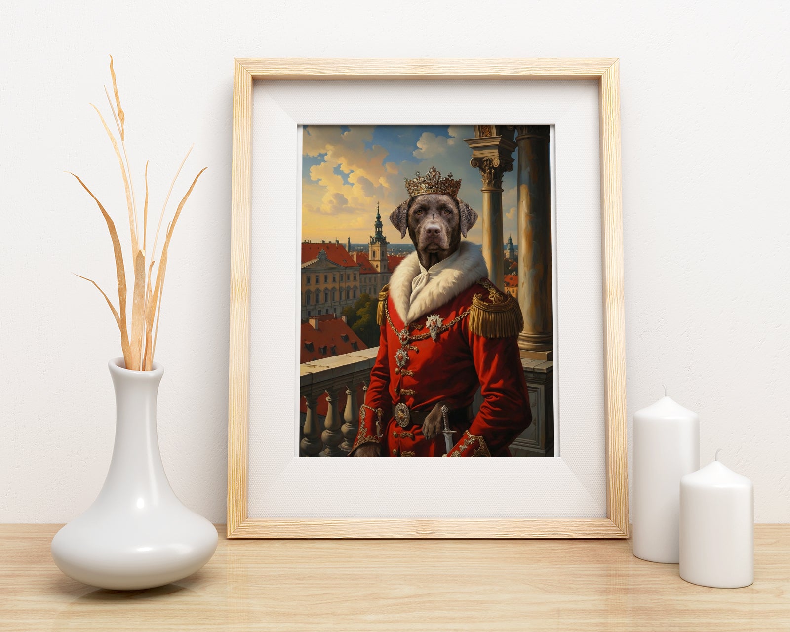 Królewski portret psa w czerwonym mundurze mockup 1