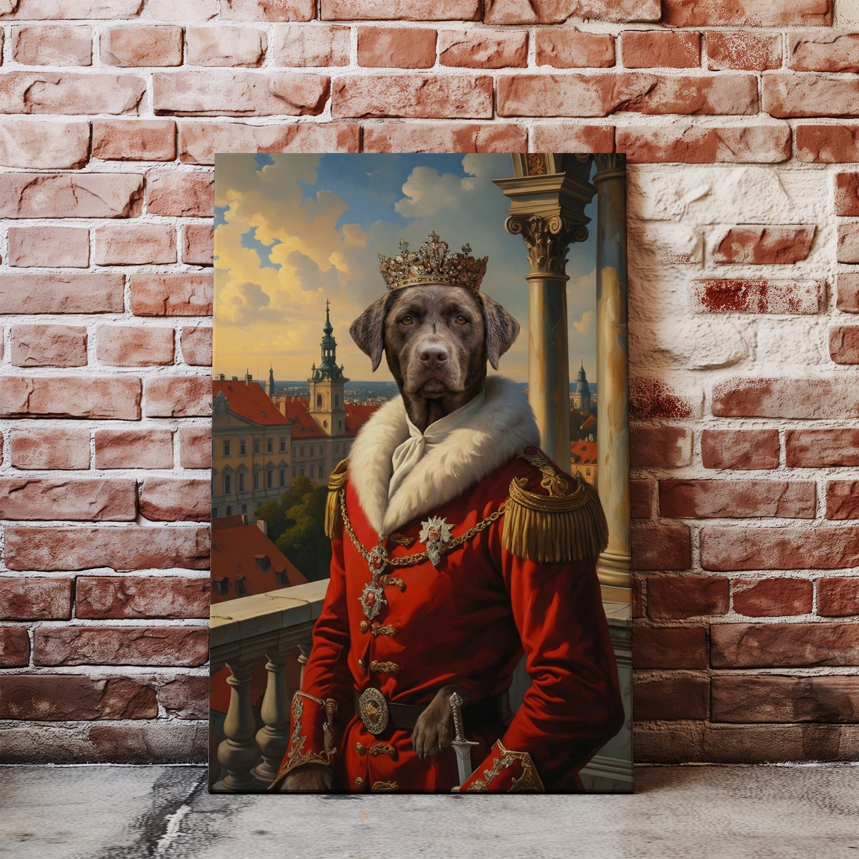 Królewski portret psa w czerwonym mundurze mockup 2