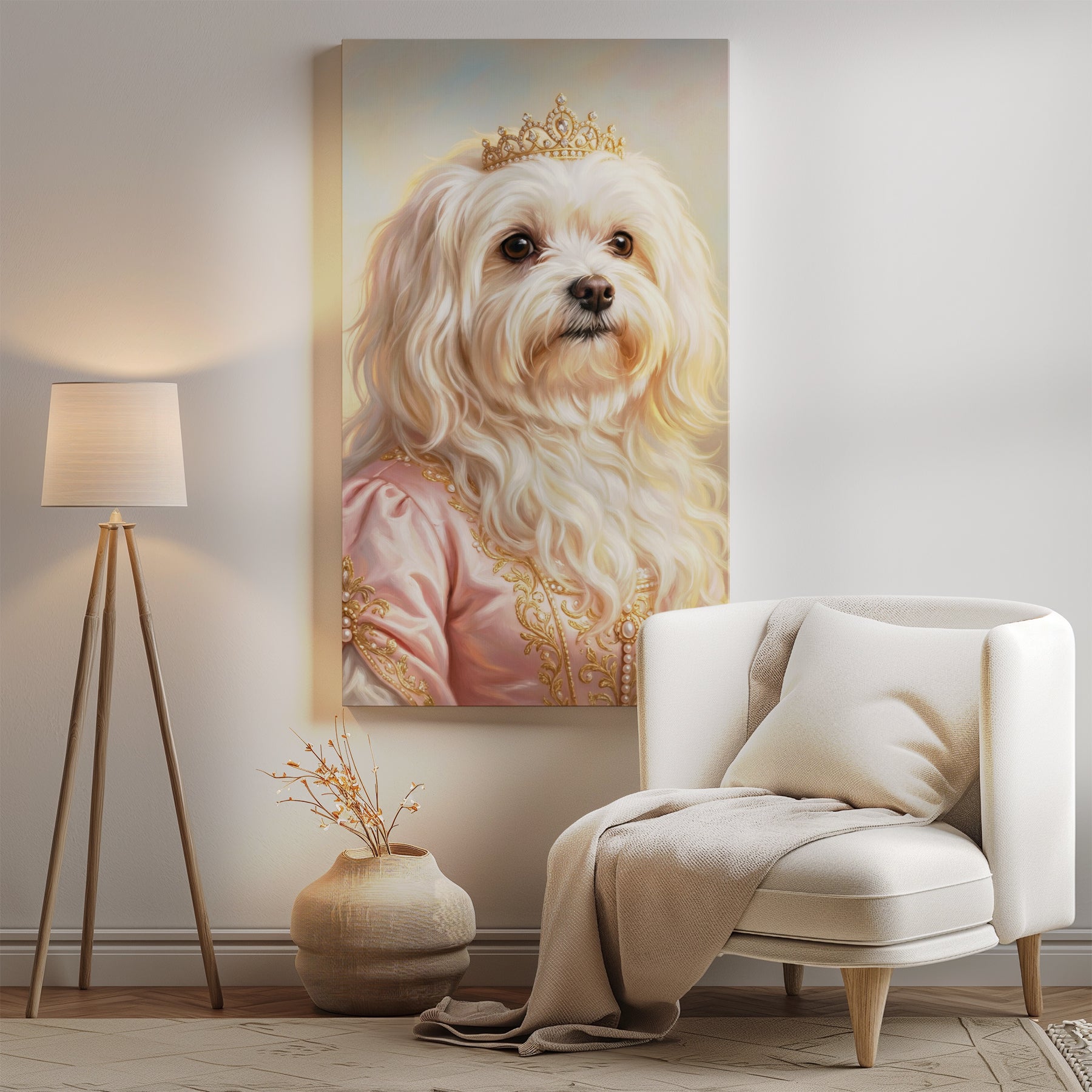 Królewski portret psa w różowej sukni mockup 0