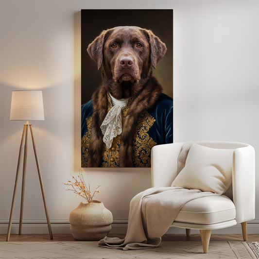 Królewski portret psa czekoladowy labrador w granatowym aksamitnym stroju szlacheckim ze złotą haftką i futrzanym kołnierzem