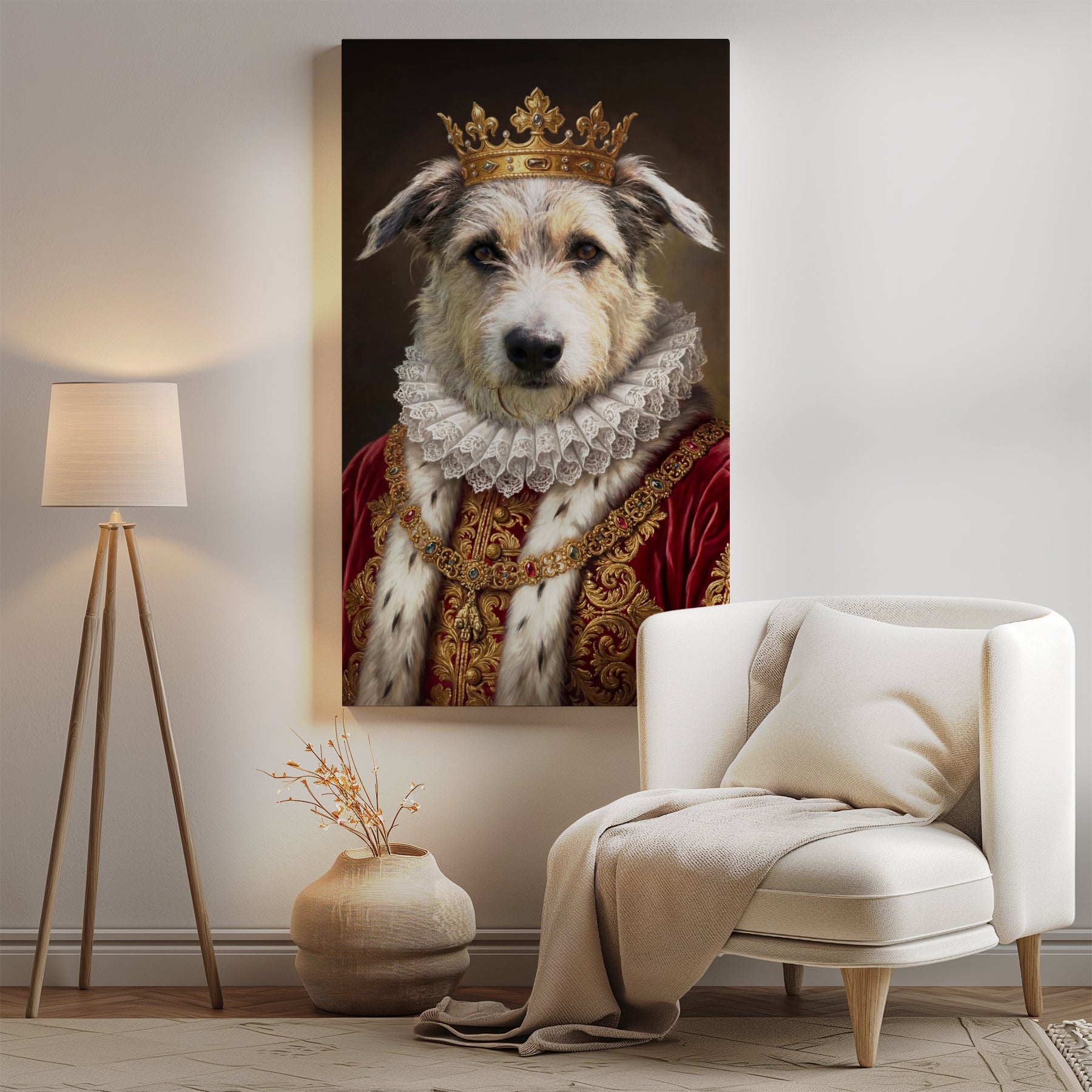 Królewski portret psa w czerwonym stroju monarchy mockup 0