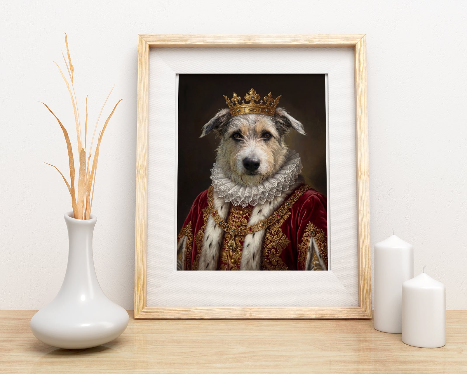 Królewski portret psa w czerwonym stroju monarchy mockup 1