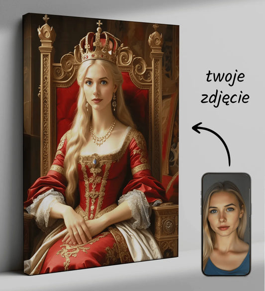 Customizable regal portrait canvas Księżna w Karmazynowej Sukni dla eleganckiego wnętrza