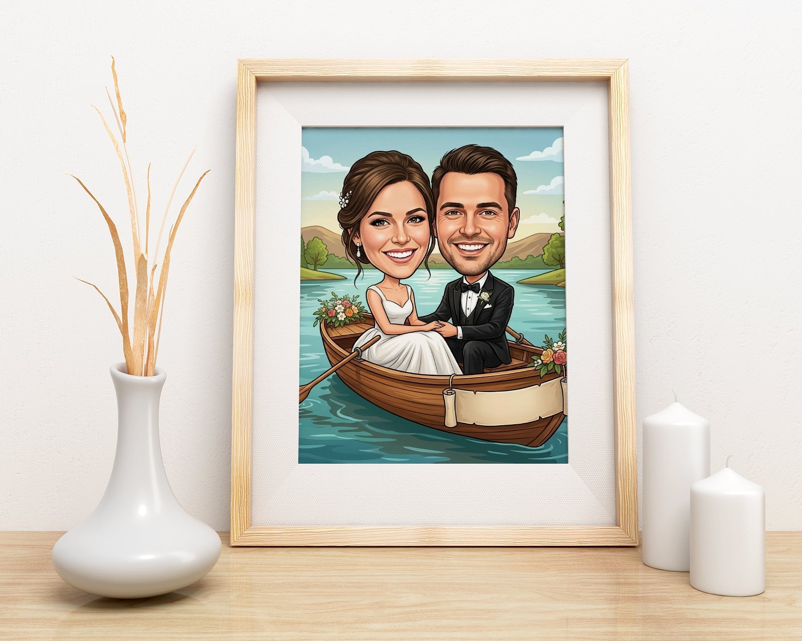 Personalizowana karykatura ślubna w łódce na prezent ślubny mockup 3