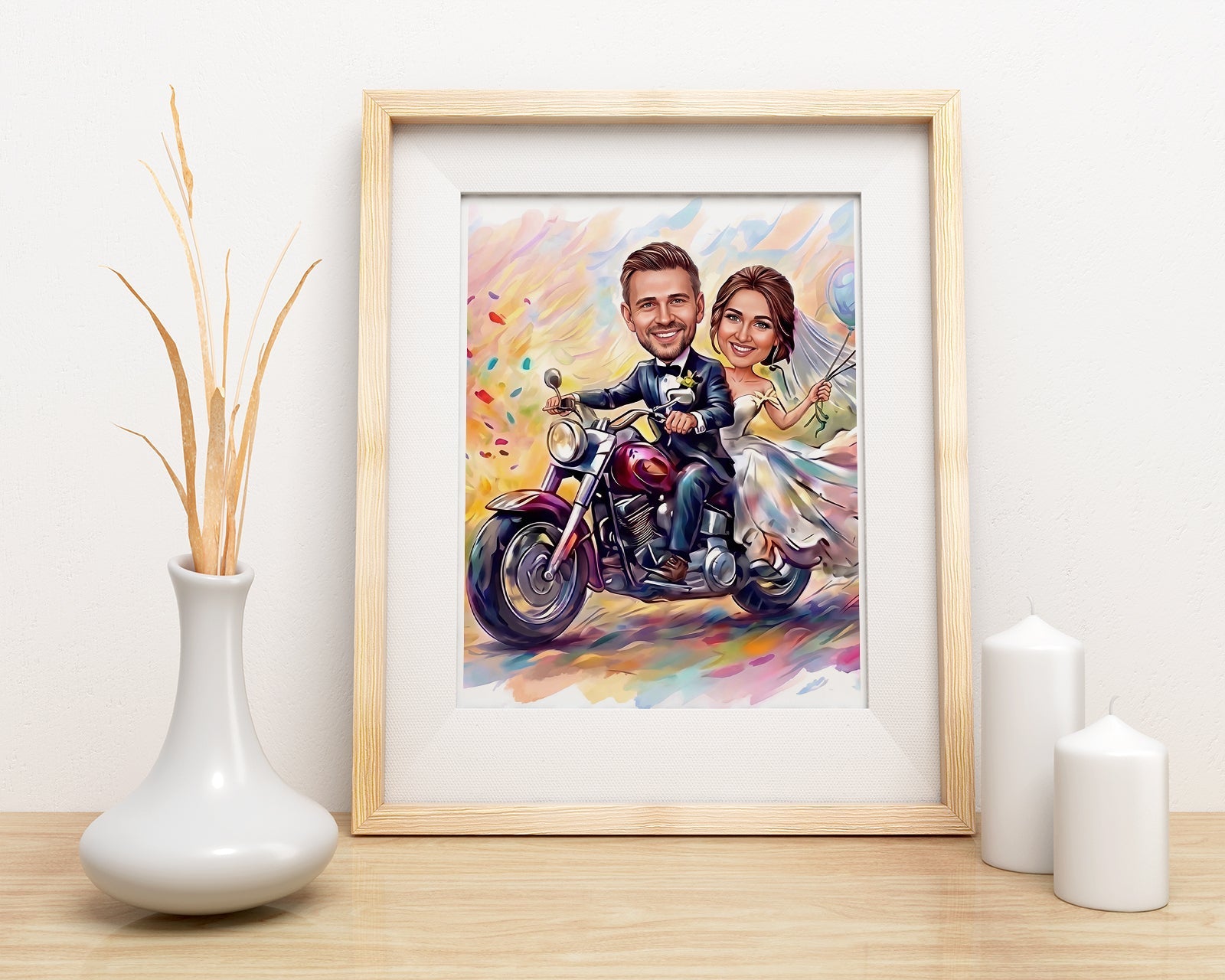 Karykatura ślubna na motocyklu personalizowany prezent na wesele mockup 3
